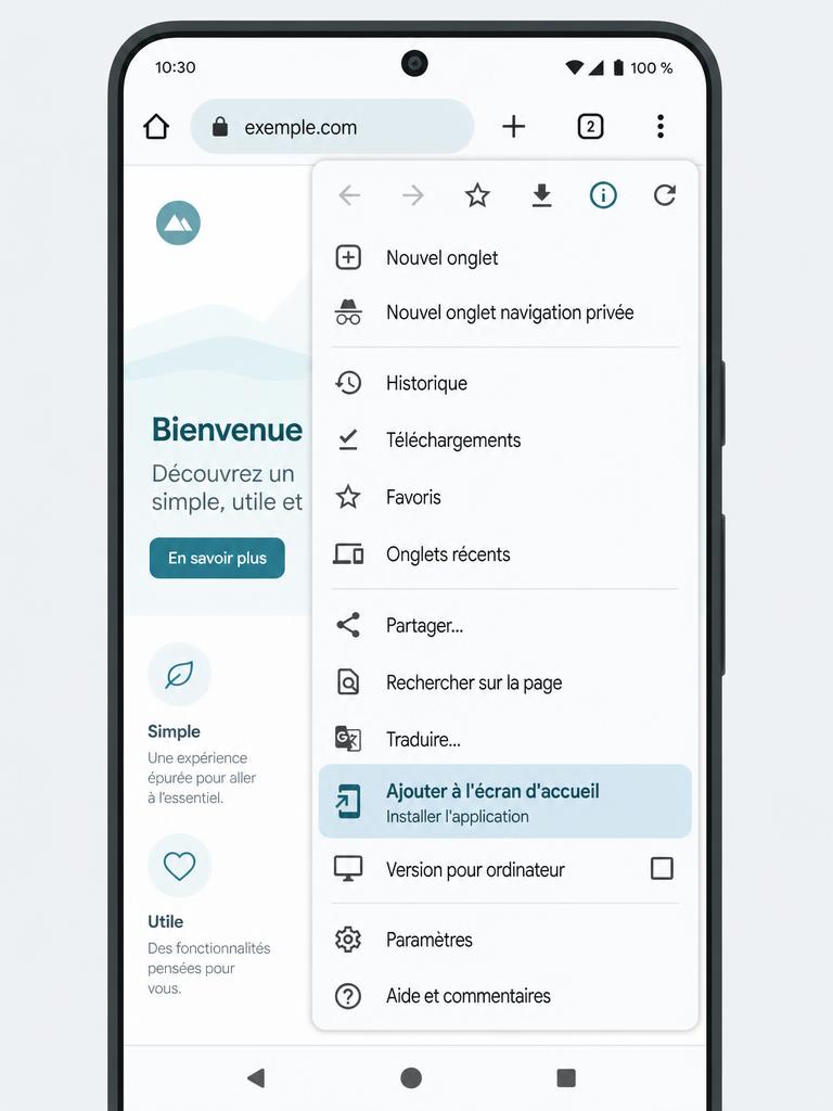 Menu Chrome sur Android avec l'option « Ajouter à l'écran d'accueil » mise en évidence