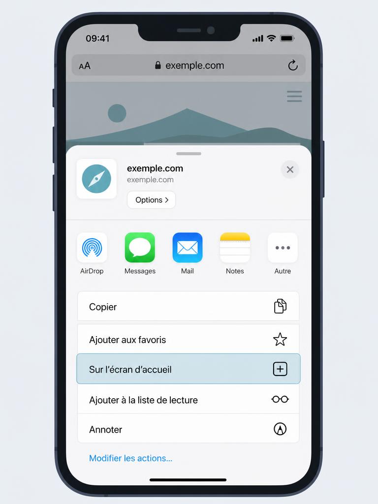 Menu Partager de Safari sur iPhone avec l'option « Sur l'écran d'accueil » mise en évidence